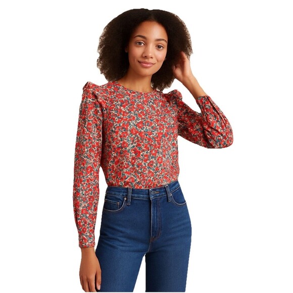 J.CREW Tops - J.Crew Red Floral Cotton Poplin Ruffle Blouse Women’s Small Long Sleeve Pullover